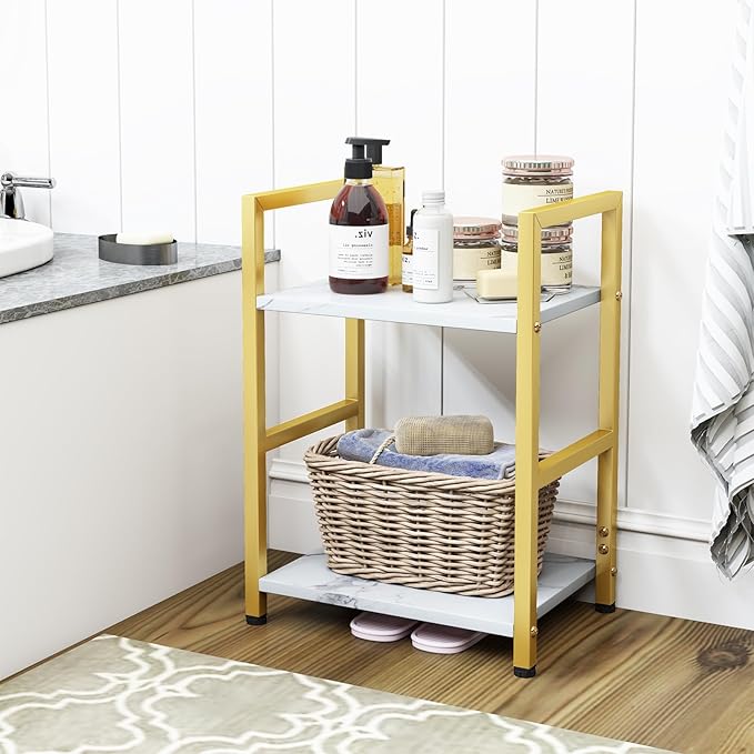 Small Bookshelf for Small Space, 2 Tier Bookcase Narrow Book Case Storage Organizer Book Shelf for Living Room, Bedroom and Office, Easy Assembly(2 Tier,Gold)