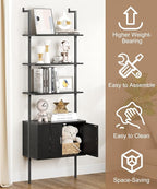 Gadroad Ladder Bookshef with Cabinet, Wall Mounted Bookcases, 5 Tier Tall Open Display Rack, 73" Metal Industrial Bookshelf, Storage Shelves for Livingroom, Home Office, Black