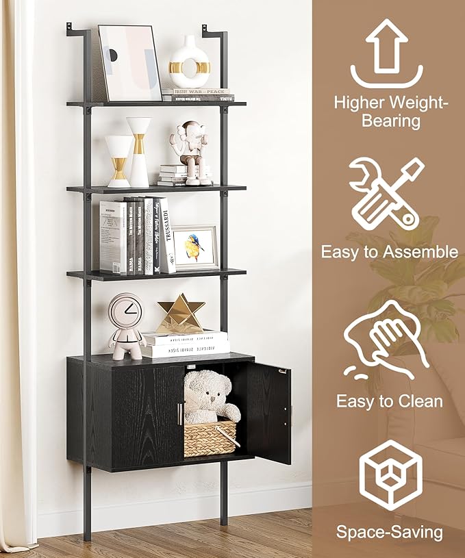 Gadroad Ladder Bookshef with Cabinet, Wall Mounted Bookcases, 5 Tier Tall Open Display Rack, 73" Metal Industrial Bookshelf, Storage Shelves for Livingroom, Home Office, Black