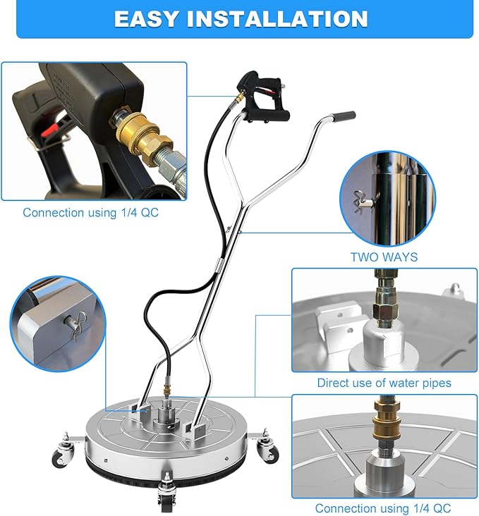 24" Pressure Washer Surface Cleaner with 304 Industrial-Grade Stainless Steel Housing, Dual Handle, Driveway Pressure Washer Attachment, 2 Replacement Nozzles, for Concrete, Sidewalk, Deck, 4000 PSI