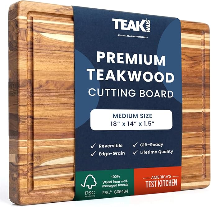 Teakhaus Carving Board with Juice Groove - Medium (M) Teak Wood Cutting Board 18”L x 14”W x 1” Thick - Lightweight, Sustainably Harvested & FSC Certified - Knife Friendly with Beeswax Oil Finish