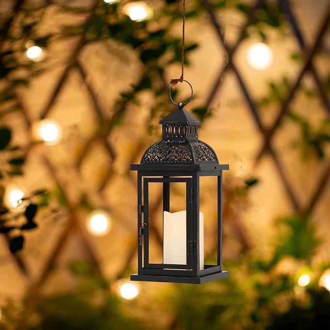 DECORKEY No Glass Lanterns Decorative Indoor & Outdoor, 15'' Candle Lantern Decorative Christmas Indoor Outdoor Decor, Vintage Metal Hanging Lanterns with LED Candle for Patio, Front Porch,Yard, Table