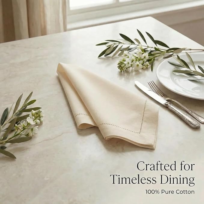 Urban Villa Hemstitch Cloth Dinner Napkins Cotton 20”x20” (Set of 12)-Ivory
