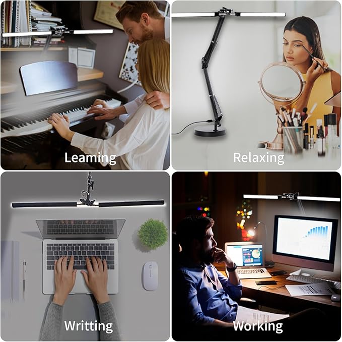 Double Swing Arm Bright LED Desk Light Adjustable Foldable Desk Lamp for Home Office, 3 Colors Lighting & Stepless Dimming Dimmable Table Desk Light for Work/Study/Craft