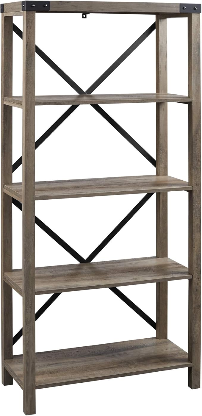 Walker Edison Andersen Urban Industrial Metal X Back 4 tier Bookshelf, 64 Inch, Grey Wash