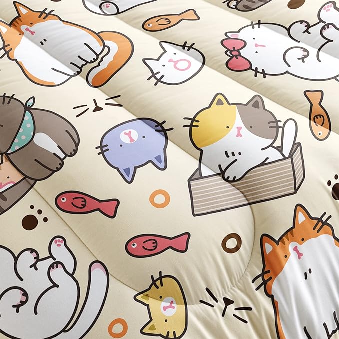 Kawaii Cat Comforter Twin,Kawaii Animals Comforter Set for Kids Teens Girls,3Pcs Bedding Set Printed Comforter with 2 Pillowcases,Down Alternative,Soft and Lightweight，Twin Size