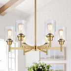 Lynnoland Brushed Gold Chandeliers, 6 Light Farmhouse Chandelier for Dining Room Light Fixtures Over Table, Hanging Light Fixture with Clear Glass Shade for Living Room Bedroom