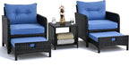 Pamapic 5 Pieces Wicker Patio Furniture Set Outdoor Patio Chairs with Ottomans Conversation Furniture with coffetable for Poorside Garden Balcony(Blue Cushion + Black Rattan)…
