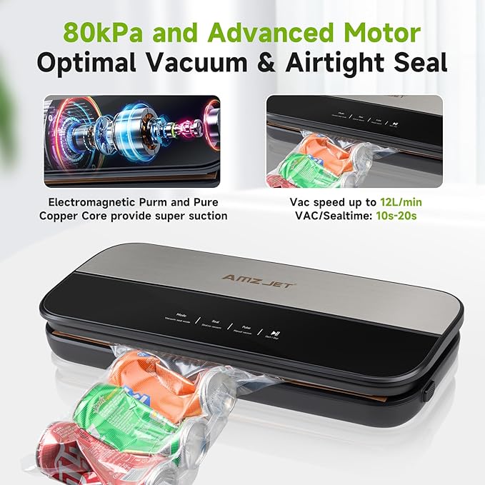 Food Sealer Vacuum Sealer-Tempered Glass Stainless Steel panel, LED Touch Control, Digital Display, Pulse/Moist/Dry/Seal/External Suction Modes, Includes 30 Vacuum Bags & Built-in Cutter (Black Gray)