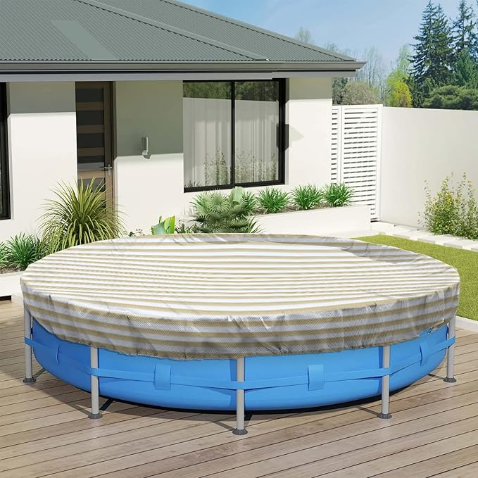 ECOOPTS 17 ft Round Pool Cover for Above Ground Pools, Swimming Pool Cover Protector Winter Safety Cover (Beige White Stripes)