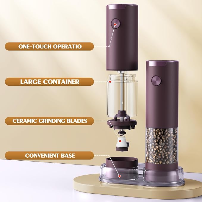 Electric Salt and Pepper Grinder Set Automatic Battery Pepper Mill Shakers Adjustable Coarseness Upgraded Larger Capacity with Led Home and Kitchen Appliances(Burgundy)