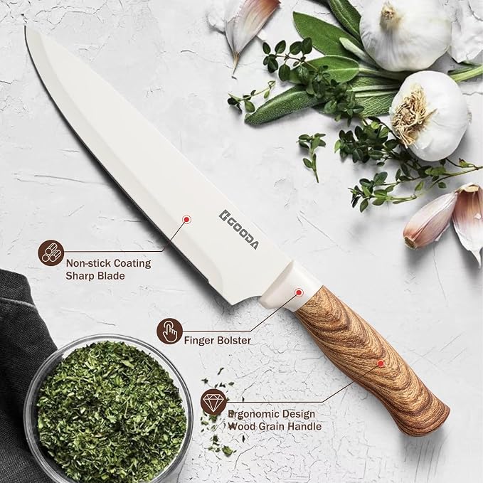 Knife Set,GOODA 9 Piece Kitchen Knife Set with Block and Sharpener, Anti-Rust Stainless Steel Cooking Knives Set for Kitchen, Chef Knife Block Set