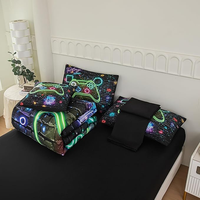 NINENINE Gaming Bedding Sets for Boys, 6PCS Queen Size Comforter Sets for Boys,Gamer Bedding Bed in A Bag Comforter Sheet Set(1Comforter,1Flat Sheet,1Fitted Sheet,1Cushion Cover,2Pillowcases)…