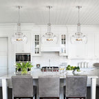 WUZUPS Chandelier Rustic Farmhouse Industrial Round Ceiling Pendant LED Light Fixture Clear Seeded Glass Shade for Dining Room Kitchen Island Foyer Entryway, H 20.9" x W 15.9", Brushed Nickel