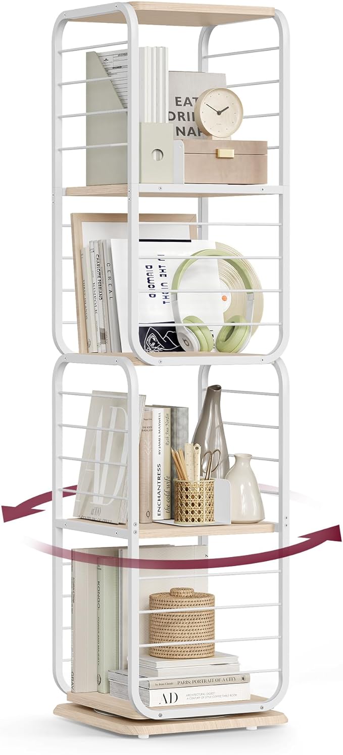 VASAGLE 4-Tier Rotating Bookshelf, Bookcase with Bookends for Small Spaces, Corner Shelf, Steel Frame, Natural Beige and Cloud White ULLS127W67