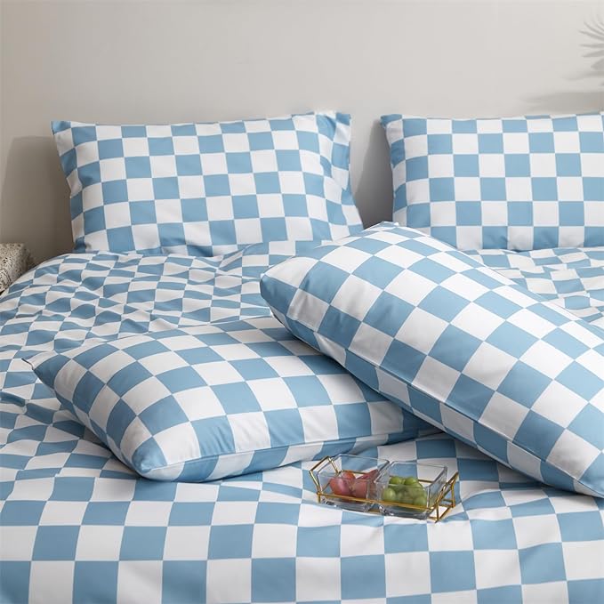 Wellboo Blue White Plaid Comforter Sets California King Women Men Light Blue and White Checkerboard Grid Bedding Comforters Cal King Cotton Dusty Blue Checkered Geometric Quilts Luxury Sky Blue Bed