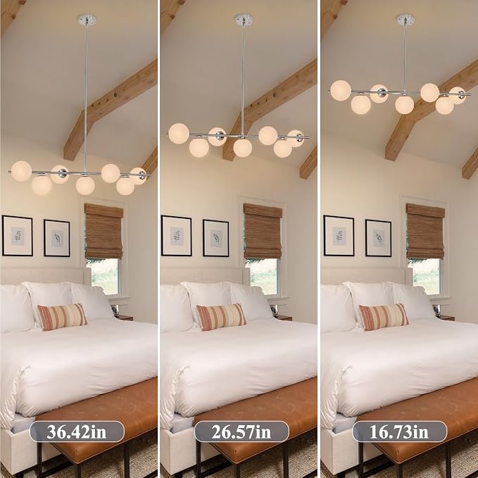 Brushed Nickel Mid Century Modern Chandelier, Linear Sputnik Bubble Pendant Light with Milk Glass Globes, Dimmable Dining Room Light Fixtures over Table for Kitchen Island Living Room Foyer Bedroom