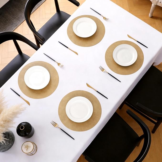 MOSAYT 13 Inch Round Vinyl Placemats Set of 8 - Faux Leather 100% Waterproof Oil-Proof Wipeable PU Place Mats, Heat Resistant Reversible Table Mats for Kitchen, Dining, Outdoor, Camel