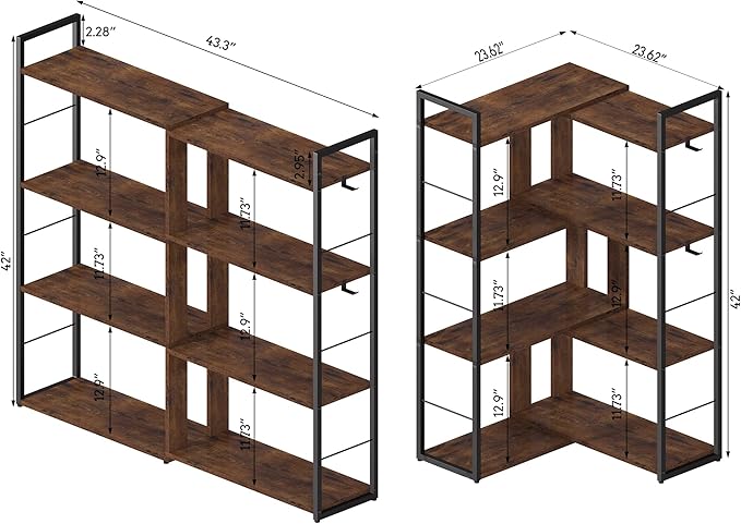 Corner Book Shelf 4 Tier Industrial BookShelf L Shaped Adjustable Bookcase Office Shelves Vintage Wooden Bookshelves for Living Room Bedroom library Rustic Brown