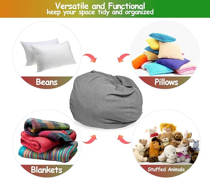 Stuffed Animal Storage Bean Bag Chair Cover (No Filler) Organizing Children's Plush Toys for Kids and Adults Keep your Memory Foam More Organized Gray