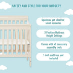 Aden 4-in-1 Convertible Mini Crib In French White, Greenguard Gold Certified, Non-Toxic Finish, New Zealand Pinewood, With 3 Mattress Height Settings