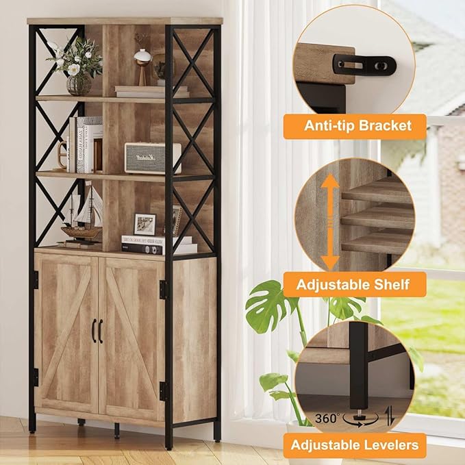FATORRI Bookshelf with Doors, Rustic Tall Bookshelf with Cabinet, Industrial Farmhouse Book Shelf and Cube Organizer Bookcase for Living Room (Rustic Oak)