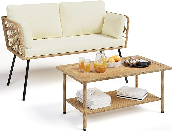 YITAHOME 2 Pieces Patio Furniture Set, All-Weather Wicker Loveseat with Thick Cushions & Rattan Table, Outdoor Conversation Set for Patio, Balcony, Backyard, Deck, Poolside
