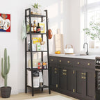 YMYNY 5 Tiers Ladder Bookcase, Industrial Narrow Bookshelf, Open Display Rack with 4 S Hooks, Metal Storage Shelves for Bedroom, Home Office, Living Room, Black, 63H*13.4L*11.8W, UHBC025B