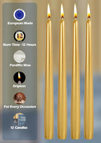 Hyoola Tall Taper Candles - 14 Inch Metallic Gold Dripless, Unscented Dinner Candle - Paraffin Wax with Cotton Wicks - 12 Hour Burn Time (Pack of 12)