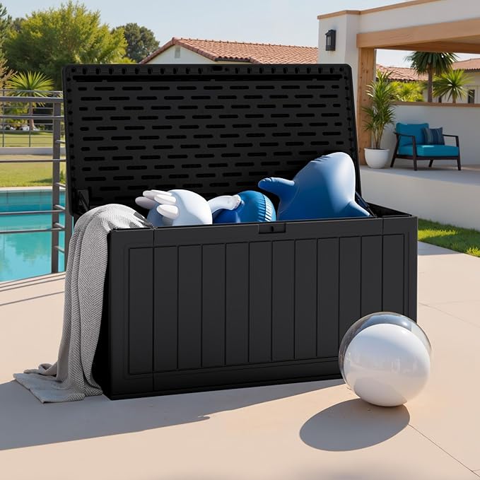 JUMMICO 160 Gallon Resin Outdoor Storage Deck Box with Divider, Waterproof Storage Box&Bench with Lockable Lid for Garden Tools, Pools Supplies (Black)