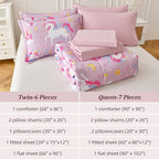 Kids Comforter Twin Bedding Sets for Girls, 6 Pieces Bed in a Bag with Shams, Sheet Set, Pink Unicorn Double Soft Microfiber Kids Comforter Bedding Set