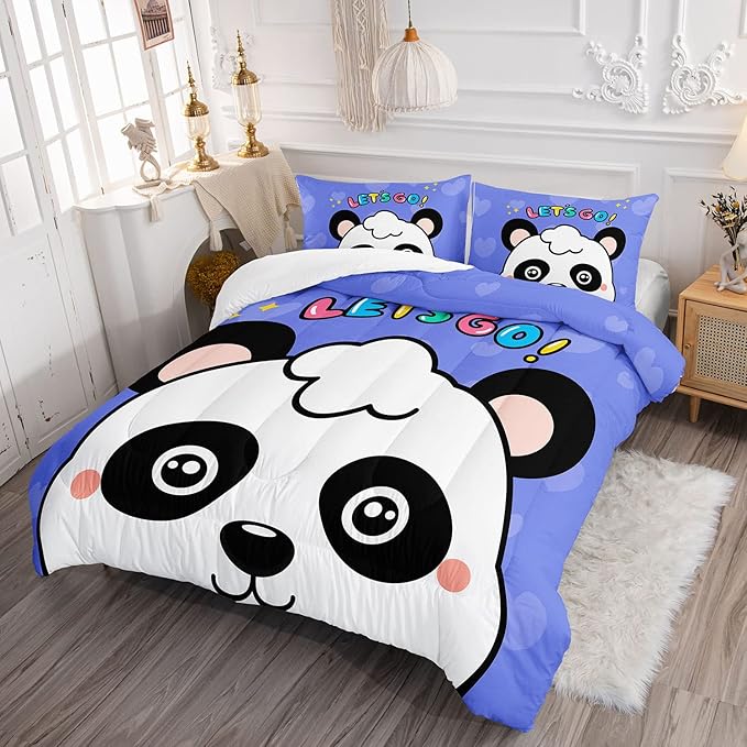 Datura home Panda Comforter Bedding Set for Boys Girls Kids Teens,Cartoon Panda Blue Heart Kawaii Animal Theme with 1 Comforter and 2 Pillowcases(Panda Full)