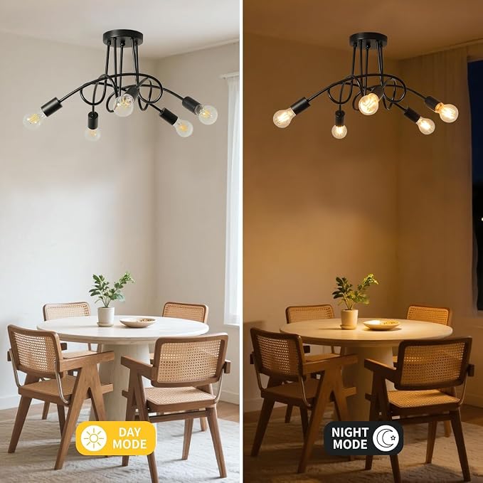 Modern Farmhouse Chandelier,25 Inch 5 Light Sputnik Semi Flush Mount Ceiling Light, Metal Black Rustic Light Fixture for Dining Room Bedroom Kitchen Hallway Entryway