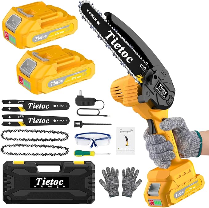 Tietoc Chainsaw, Electric Mini Chain Saw Cordless Power Hand Saw with 4000mAh Battery and Oil System for Tree Trimming & Wood Cutting, Garden Tools Gift for Men Dad Husband Gardener | 6 Inch