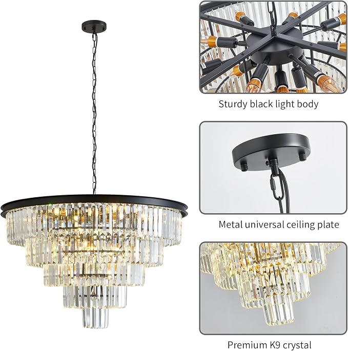 Large Crystal Chandelier 30'' Modern Black Dining Room Light Fixture | 5-Tier K9 Luxury Crystal Pendant Light for High Ceiling Big lighting fixture for Living Room Kitchen Foyer Staircase Entryway