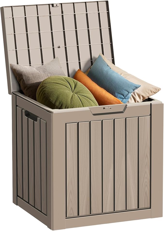 30 Gallon Waterproof Deck Box, Lockable Resin Storage Box for Patio Furniture Cushions Garden Tools and Outdoor Delivery Storage, Coffee