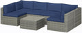 SUNVIVI OUTDOOR 7 Piece Patio Furniture Sets All Weather Gery PE Wicker Couch Sofa with Glass Table, Removable Navy Cushions