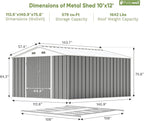 Patiowell 10 x 12 FT Metal Storage Shed for Outdoor with Floor Frame, Steel Yard Shed with Design of Lockable Doors, Utility and Tool Storage for Garden, Backyard, Patio, Outside use, Grey