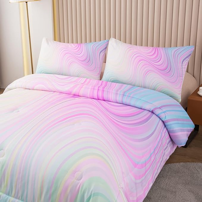 Bodhi Tie Dye Marbling Comforter Colorful Marble Teen Girl Bedding Set Watercolor Pastel Pink Blue Purple Comforter Set Marble Abstract Kids Bedding Set 2 Piece Bright Girly Comforter (Twin)