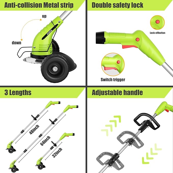 Aokia Weed Wacker Cordless for Lawn: 12V Electric String Trimmer with Wheel - Lightweight 2.0Ah Li-Ion Battery Powered for Yard, Garden, Hedge - Grass Edger with 2 Cutting Blade Types