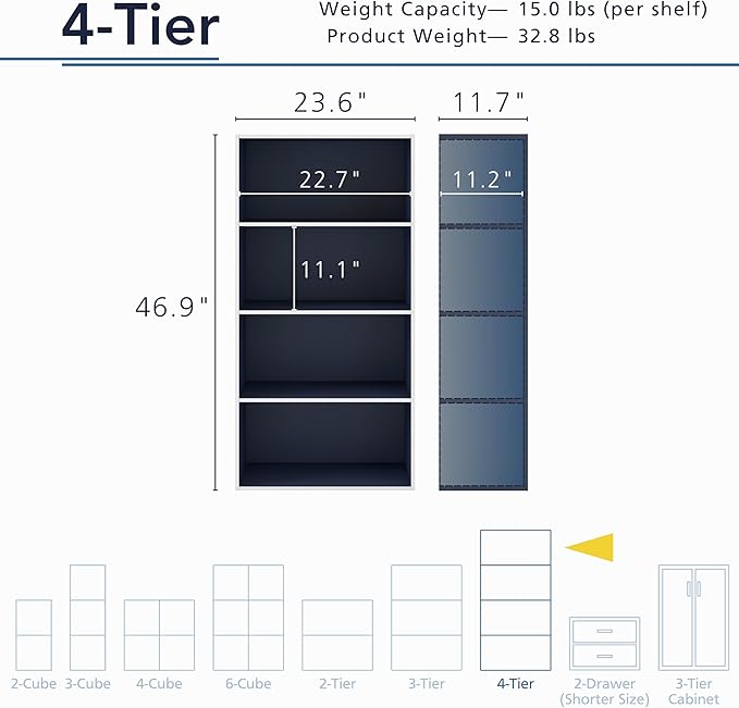 Apexa 4-Tier Cube Storage Organizer Shelves, Stackable Wood Bookcase Fits Cubby Bins for Organization, Dorm Teen Room Decor & Home Office, Steel Blue