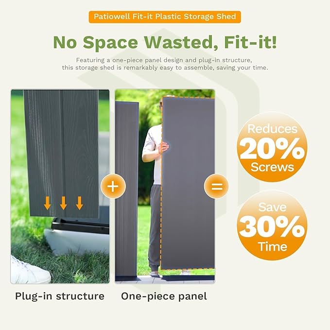 Patiowell 4x8 FT Outdoor Storage Shed with Floor & 2 Windows, Large Plastic Garden Shed with Lockable Door for Backyard, Patio, and Lawn, White (Fit-it Shed)