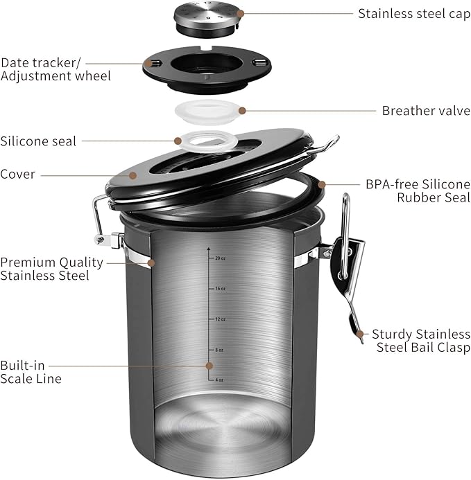 Veken Coffee Canister, Airtight Stainless Steel Kitchen Food Storage Container with Date Tracker and Scoop for Grounds Coffee, Beans, Tea, Flour, Cereal, Sugar, Cookies Jars, 22OZ Gray
