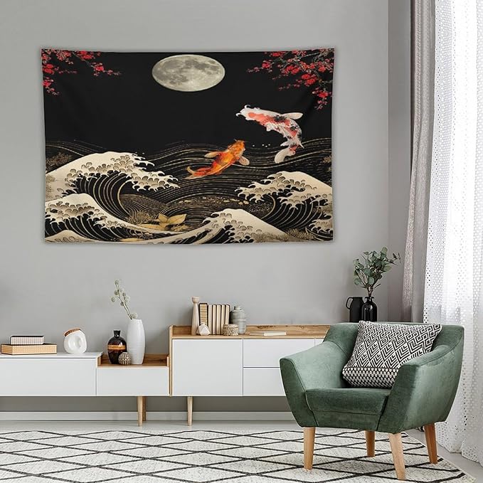 Houselerax Koi Fish Tapestry, Japanese Style Yin Yang Big Wave Cherry Blossom Tapestries Wall Hanging for Bedroom Living Room Office Decor 60"x40"
