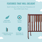 Folding Full Size Convenience Crib In Espresso, Two Adjustable Mattress Height Positions, Comes With Heavy Duty Locking Wheels, Flat Folding Crib