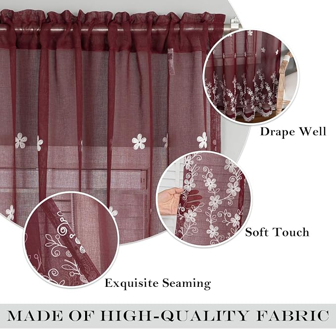 Red Sheer Curtains 84 Inches Long 2 Panels, White Floral Pattern Drapes for Living Room, Light Filtering Rod Pocket Window Treatments for Office, 54 x 84 Inches