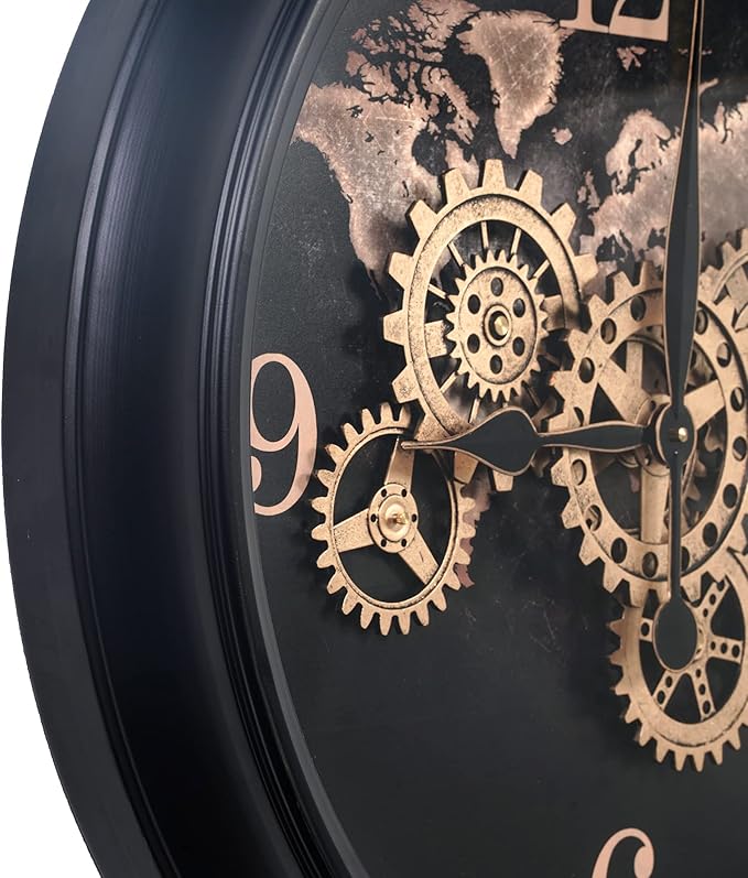 CLXEAST 24 Inch Moving Gear Wall Clock with World Map Pattern,Large Black Gold Metal Wall Clock for Modern Farmhouse Living Room Decor,Reloj De Pared para Sala
