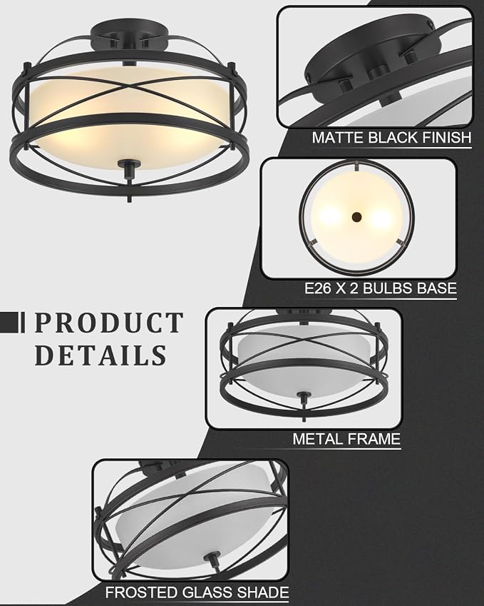 Entryway Drum Light Fixtures, Semi-Flush Mount Rustic Ceiling Light for Hallway Living Room Bedroom Kitchen (Black)
