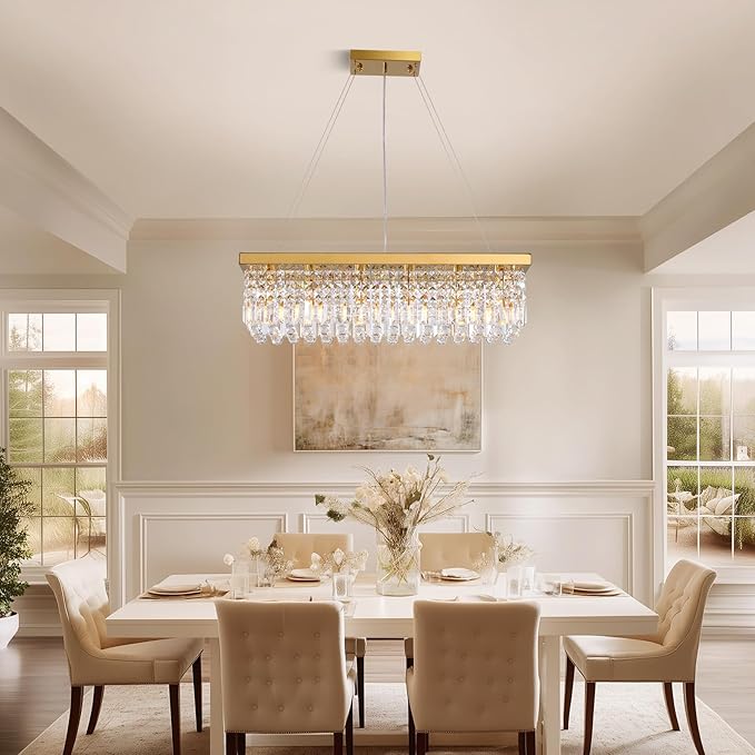 Modern Gold Crystal Chandelier,Rectangular K9 Crystal Raindrop Light Fixture,6 Light Rectangle Chandeliers for Dining Room Living Room Kitchen Island L31.5''xW10''xH10''