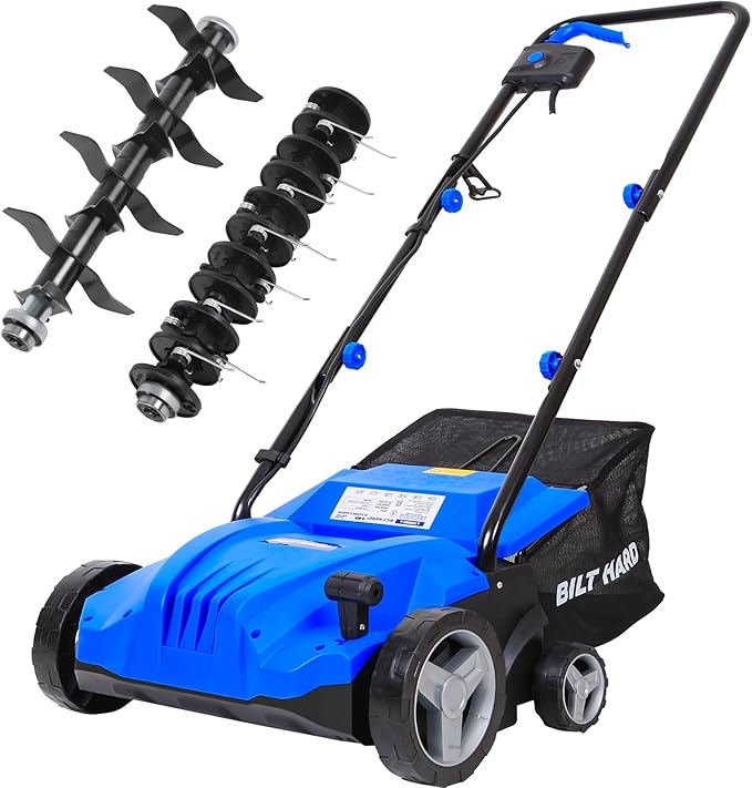 BILT HARD Dethatcher Scarifier Electric Powered, 12 Amp Copper Motor 13 inch Raking Width, 8 gal Thatch Bag, 2 in 1 Walk Behind Thatch Removing Machine for Lawn